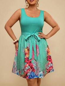Travachic Women's Plus Size Elegant & Casual Sleeveless Dress With Solid Color And Tropical Coconut Tree Print, Suitable For Vacation, Summer, Tropical Healing - Green - View 5