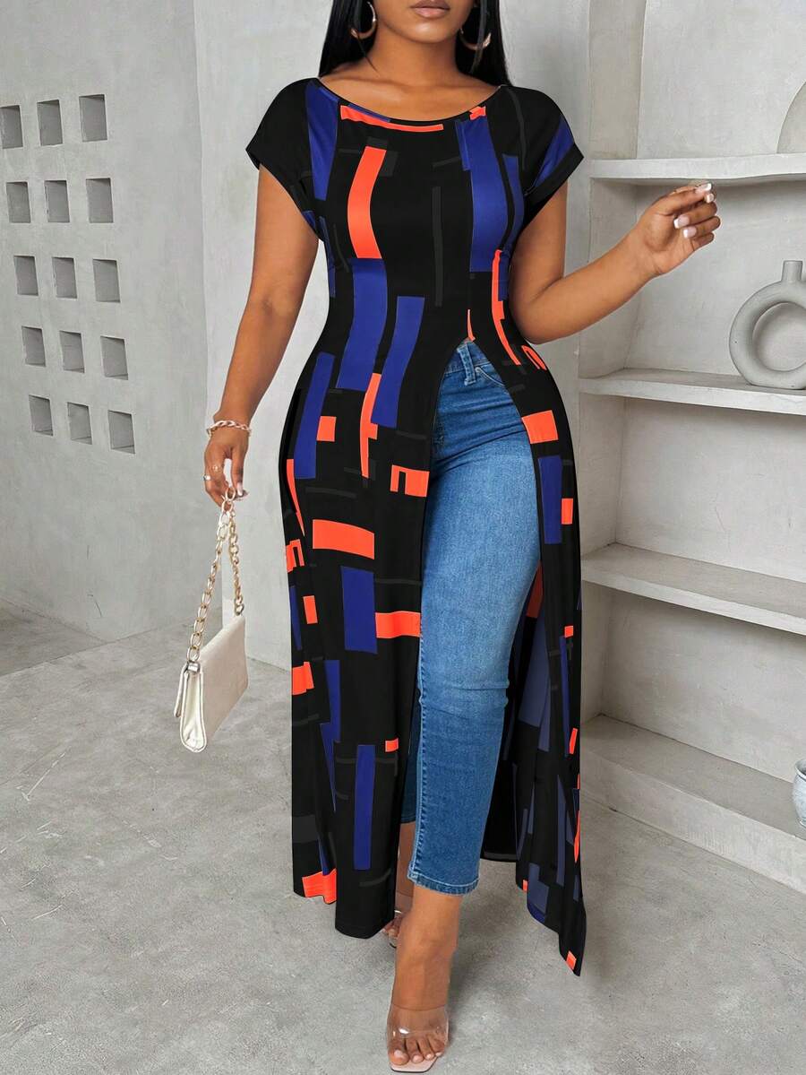 Maweii Áo thun nữ cỡ lớn cổ thuyền, họa tiết hình học ghép mảnh, eo thắt, xẻ tà, kiểu dáng thường ngày, thích hợp đi làm. - màu đen - Xem 1