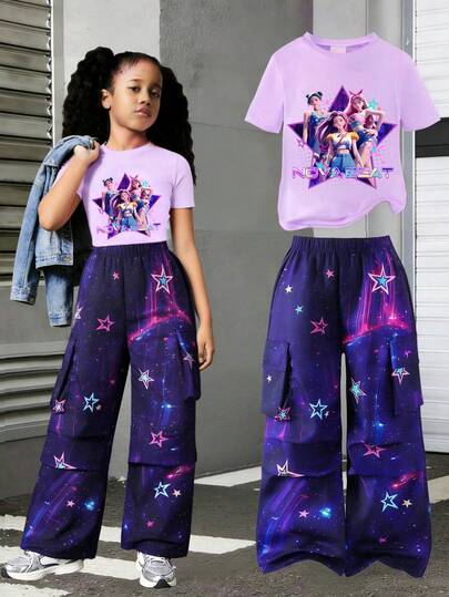 Set de 2 piezas con camiseta gráfica para niña y pantalones cargo con estampado degradado de estrellas, adecuado para festivales de música, estilo hip hop callejero, conjunto de camiseta morada cómoda de verano