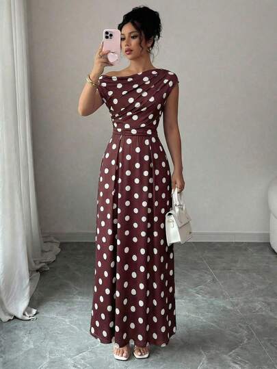 SHEIN Elenzya Polka Dot Asymmetrical Shoulder A-Line Elegant Romantic Sophisticated Dress For Women, Suitable For Valentine's Day Tea Party