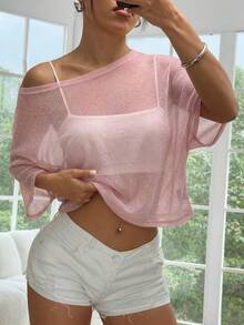 SHEIN EZwear 透视网眼纯色蝙蝠袖短款T恤 - 粉色 - 查看 4