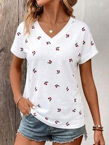 Selamara Camiseta feminina moderna, casual e versátil com estampa de cerejas, decote em V e manga curta. - Multicolorido - Ver 5
