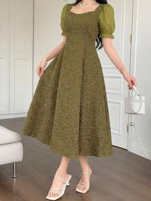 DAZY 优雅印花雪纺拼接方领花瓣袖中长连衣裙，女士夏季款 - 橄欖綠 - 查看 7