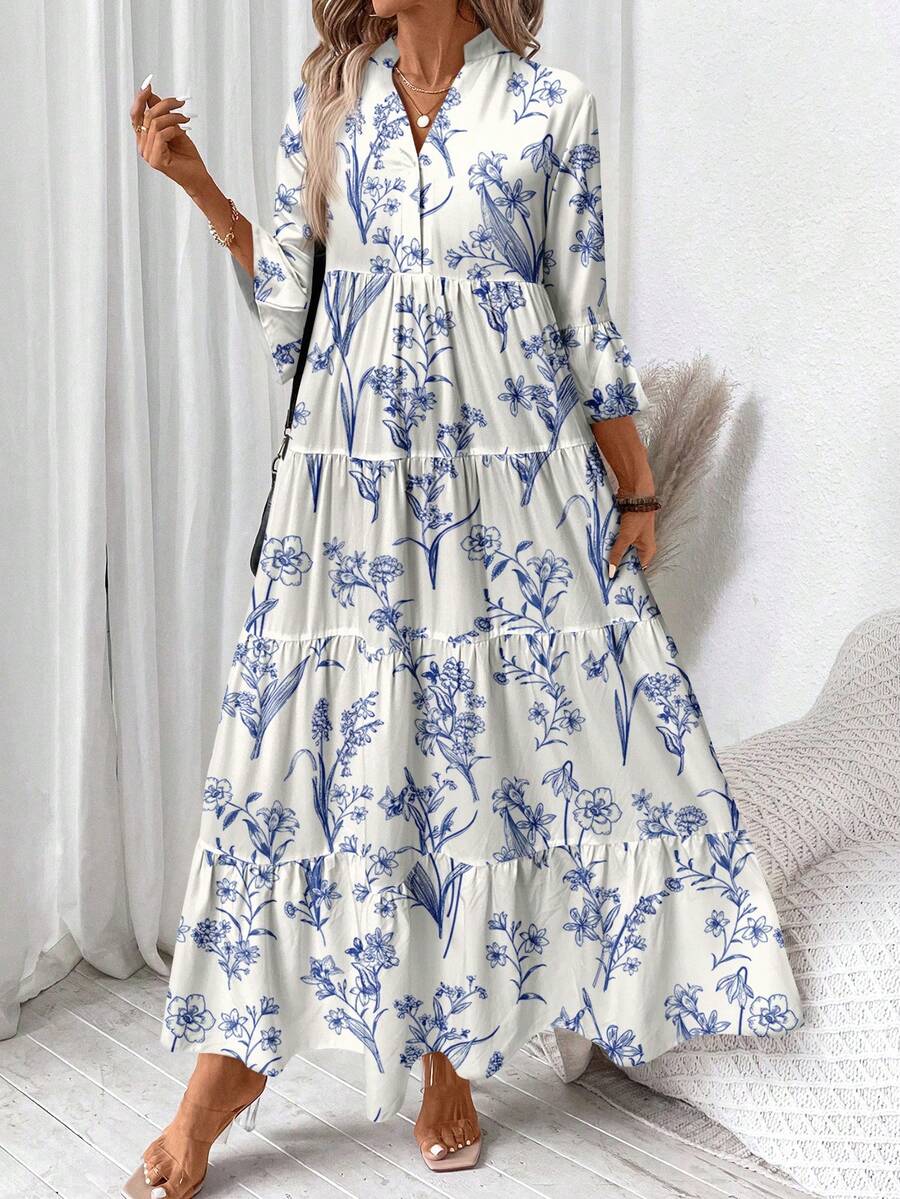 SHEIN LUNE فستان نسائي كاجوال أنيق مقاس كبير مطبوع بالزهور، مناسب للخريف/الشتاء - الأزرق - مشاهدة 1