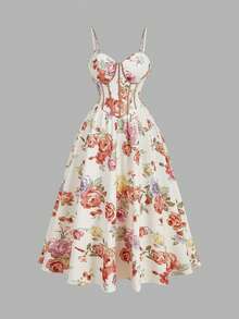 SHEIN MOD 大码女士无袖中长连衣裙，花卉人字纹图案，春夏款，情人节连衣裙，优雅派对连衣裙，下午茶连衣裙，复古连衣裙，伴娘礼服，婚礼及活动连衣裙，女士生日连衣裙，度假连衣裙，碎花连衣裙，束身连衣裙，夏季连衣裙，花园派对连衣裙，田园风连衣裙，春季连衣裙 - 彩色 - 查看 5