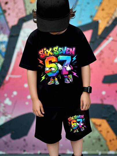 Conjunto de camiseta y pantalones cortos de 2 piezas con estampado de degradado de color y número 67 y relámpago, para uso casual de primavera y verano. Ropa cómoda para uso diario para niños adolescentes, estilos veraniegos acogedores adecuados para primavera y verano