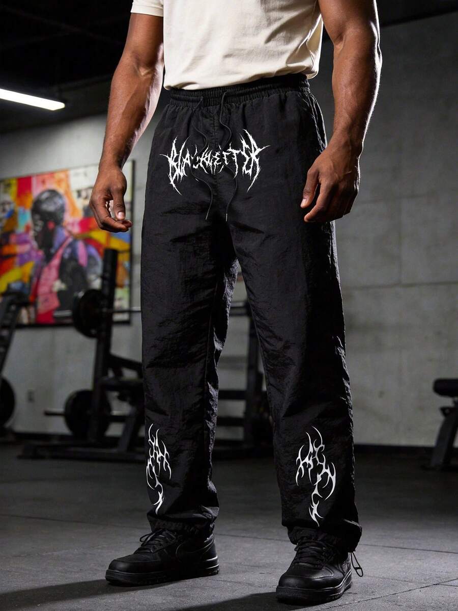 RISE LYT Quần ống rộng dáng suông, cạp chun, họa tiết in màu trơn, chất liệu vải dệt, kiểu dáng thường ngày. - màu đen - Xem 1