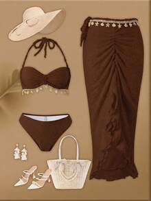 Bonvoyette Women's 3 Pieces Coffee Brown Textured Fabric Shell Trim Rope Decor Swimwear Set,Summer Boho Beach Holiday Holiday Greece Vacation Party Outfits - Brown - View 6