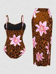 SHEIN Swim Oasis 大码扭腰连体泳衣 + 高档半裙雪纺罩衫 - 棕色 - 查看 2