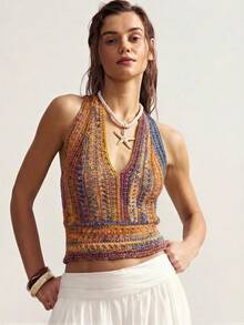 Bohemela 女士撞色露背系带性感百搭约会之夜针织上衣 - 彩色 - 查看 5