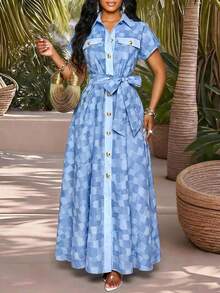 SHEIN Lady 女士格子打结褶皱腰身优雅束腰连衣裙，适合派对穿着 - 藍色 - 查看 7