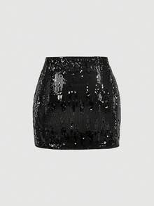 SHEIN MOD Bộ đồ 2 món thời trang hè dành cho nữ: Áo ôm sát cổ bất đối xứng đính kim loại và chân váy ngắn đính sequin. - màu đen - Xem 11