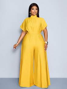 SOLERSUN 大码春夏女式纯色优雅派对连体裤，简约通勤风，适合生日派对、日常休闲、婚礼季、返校季、感恩节、毕业季等场合。特点：立领、系带腰身、褶裥、高腰连体裤。黄色连体裤，夏季穿搭。 - 黃色 - 查看 6