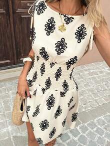 Pariaura Women's Summer New Vacation Retro Print Cinched Waist Bowknot Sleeveless Short Dress - Apricot - View 3