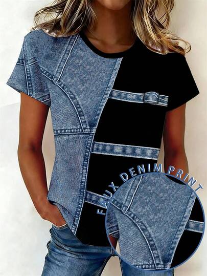 EMERY ROSE Patchwork Pattern Twill Texture Round Neck Short Sleeve Casual Plus Size T-Shirt, Spring & Summer