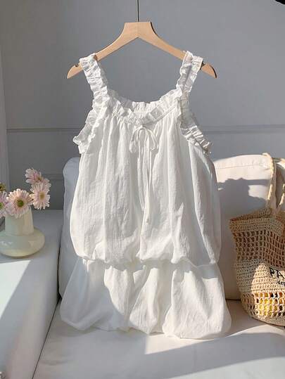 Comfortcana 2026 New Arrival Spring/Summer Women's Solid Color Frill Trim Front Tie Casual Sleeveless Mini Dress Festival Outfits For Women Party Dresses Beach Dress Wedding  Dress Graduation Dress Elegant Dresses For Women Casual Dresses For Women Vacation Outfits Women  Holiday Dresses  Formal Dress Y2k  Country Concert Outfit Work Outfits For Women  White Dress