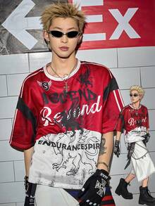 ROMWE MEN Street Life 男士扎染数码印花圆领T恤 - 酒紅色 - 查看 11