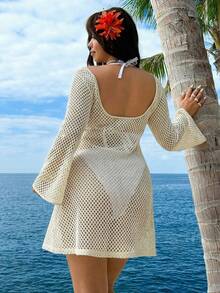 SHEIN EZwear Plus Size Women's White Boho Crochet Beach Cover Up,Solid Color Round Neck Long Sleeve Hollow Out Dress,Elegant Holiday Swimsuit For Autumn Vacation - Beige - View 1