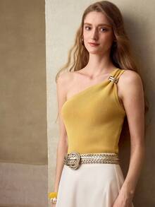 MOTF PREMIUM WOMEN'S ELEGANT ONE-SHOULDER KNIT TOP, YELLOW, SUITABLE FOR DAILY WEAR AND DATES, SPRING/SUMMER - Yellow - View 4