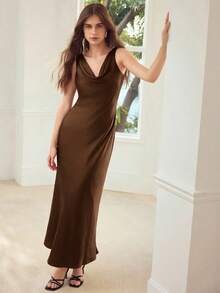 MOTF PREMIUM ELEGANT SATIN DRESS WITH DRAPED NECKLINE - Coffee Brown - View 4