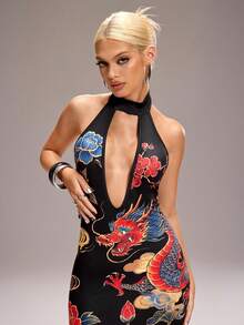 Women's Dragon Print Halter Dress - Multicolor - View 4