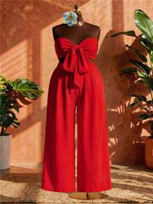 SHEIN CURVE+ Curve 尺码 US22 音乐节、海滨度假、波西米亚风女士春夏红色前系带无肩带上衣和阔腿裤 女士 Degree Pretend - 紅色 - 查看 5
