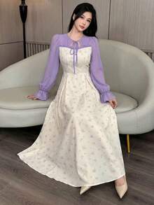 Modelyn Đầm voan chiffon họa tiết hoa phối tay kiểu Pháp thanh lịch, dáng ôm dành cho nữ. - Màu tím - Xem 7