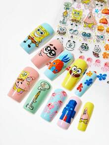 SpongeBob SquarePants | SHEIN 可爱浮雕卡通美甲贴纸，防水自粘，免烤，DIY美甲装饰，美甲贴片，美甲用品，美甲饰品，美甲小玩意，美甲贴片，美甲沙龙DIY滑动美甲装饰，美甲师必备，美甲贴片，美甲片，美甲滑动装饰 - 彩色 - 查看 2