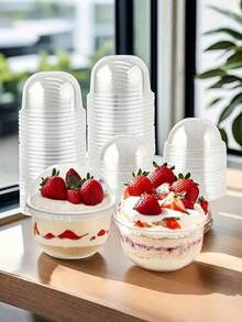 30个U型带盖纸杯蛋糕杯、冰淇淋杯、果汁杯、水果牛奶杯、奶茶杯，超可爱圆形迷你耐热杯 - 透明色 - 查看 2