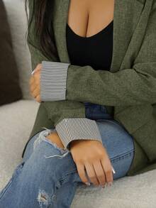 SAYEHFBABY 灰色条纹拼布长袖翻领女式西装外套 - 綠色 - 查看 3
