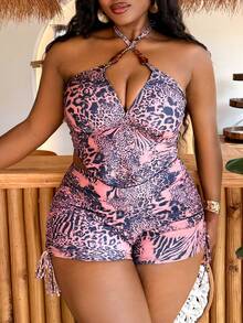 Slaydiva Traje de baño tankini de 2 piezas con estampado aleatorio y tallas grandes, con tirantes ajustables y control de abdomen, adecuado para la playa y vacaciones - Multicolor - Ver 7