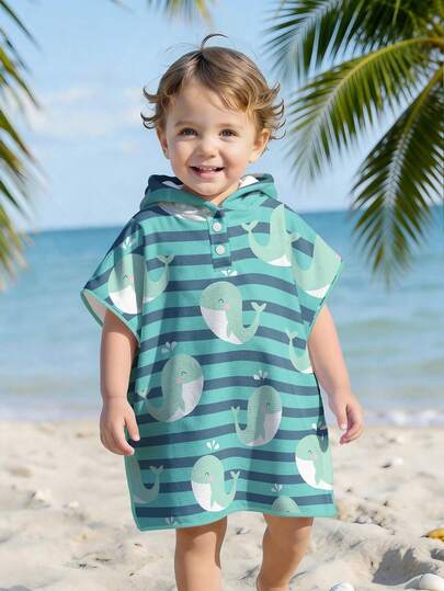 Customized Hooded Cover Up Swimwear For Baby Boys, Infant & Toddler Sizes, V-Neck Hooded Cape, Wearable Towel, Beach Cover-Up, Essential For Bathing & Swimming