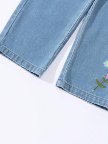 SHEIN Vintaside Kids 幼兒女童男童牛仔褲，返校季藍色柔軟丹寧，寬鬆版型鬆緊腰帶，彩色花卉刺繡設計，寬鬆直筒長褲 - 淺色水洗藍 - 查看 6