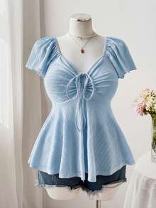 Sweetra Áo thun nữ cỡ lớn cổ vuông, tay bồng, dây rút, nơ eo, dáng chữ A, chất liệu vải dệt họa tiết cổ điển, thanh lịch, dễ thương, phong cách thường ngày. - Màu xanh lam - Xem 3