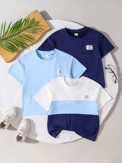 3件套男童休闲拼接纯色圆领短袖T恤，适合夏季休闲穿着