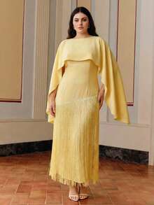 Anewsta 大码女士优雅黄色披肩领长连衣裙，流苏下摆设计增添浪漫气息，适合派对、婚礼、春季、夏季、节日、度假等场合。 - 黃色 - 查看 6