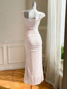 Vestido elegante de mujer con lunares y malla con bajo de cola de pez, para primavera/verano - Blanco - Ver 2