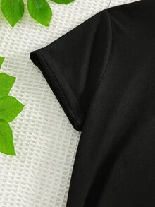2件套女童休闲时尚67数字设计黑色短袖T恤和短裤套装，可爱印花圆领T恤和短裤，舒适的夏秋季日常穿着套装 - 黑色 - 查看 4