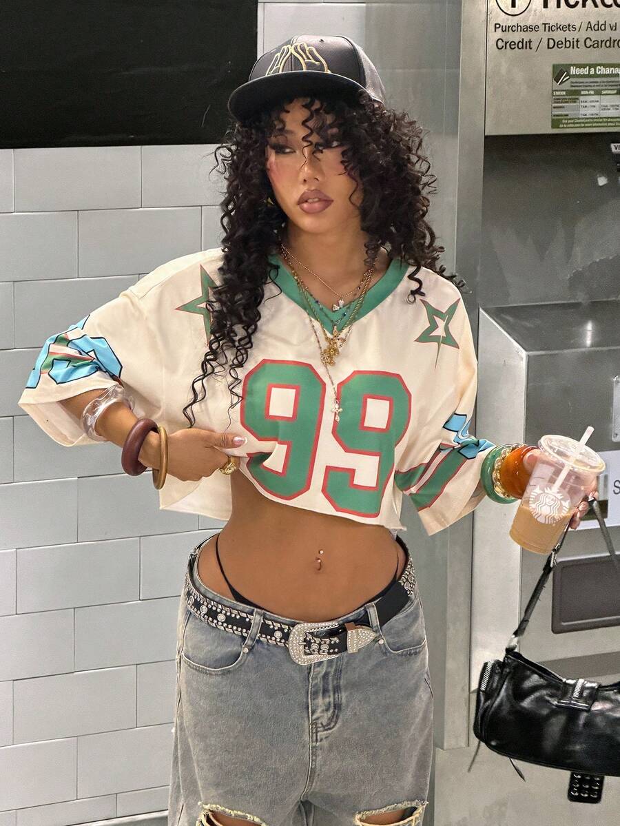 SHEIN HypeZone Women's Street Style V-Neck Loose Cropped T-Shirt - Multicolor - View 1