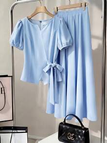 Elenzga Bộ 2 món dành cho nữ, gồm áo kiểu thắt eo nơ thanh lịch và chân váy chữ A. - Màu xanh nhạt - Xem 4