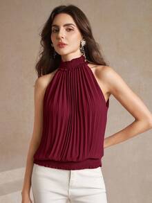 Amorya 女士纯色领带褶皱休闲百搭日常衬衫 - 酒紅色 - 查看 6