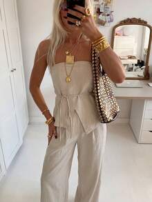 Firerie 女士优雅简约时尚通勤都市风休闲度假新款腰带抹胸上衣搭配高腰阔腿裤卡其色两件套，春夏款 - 卡其色 - 查看 2