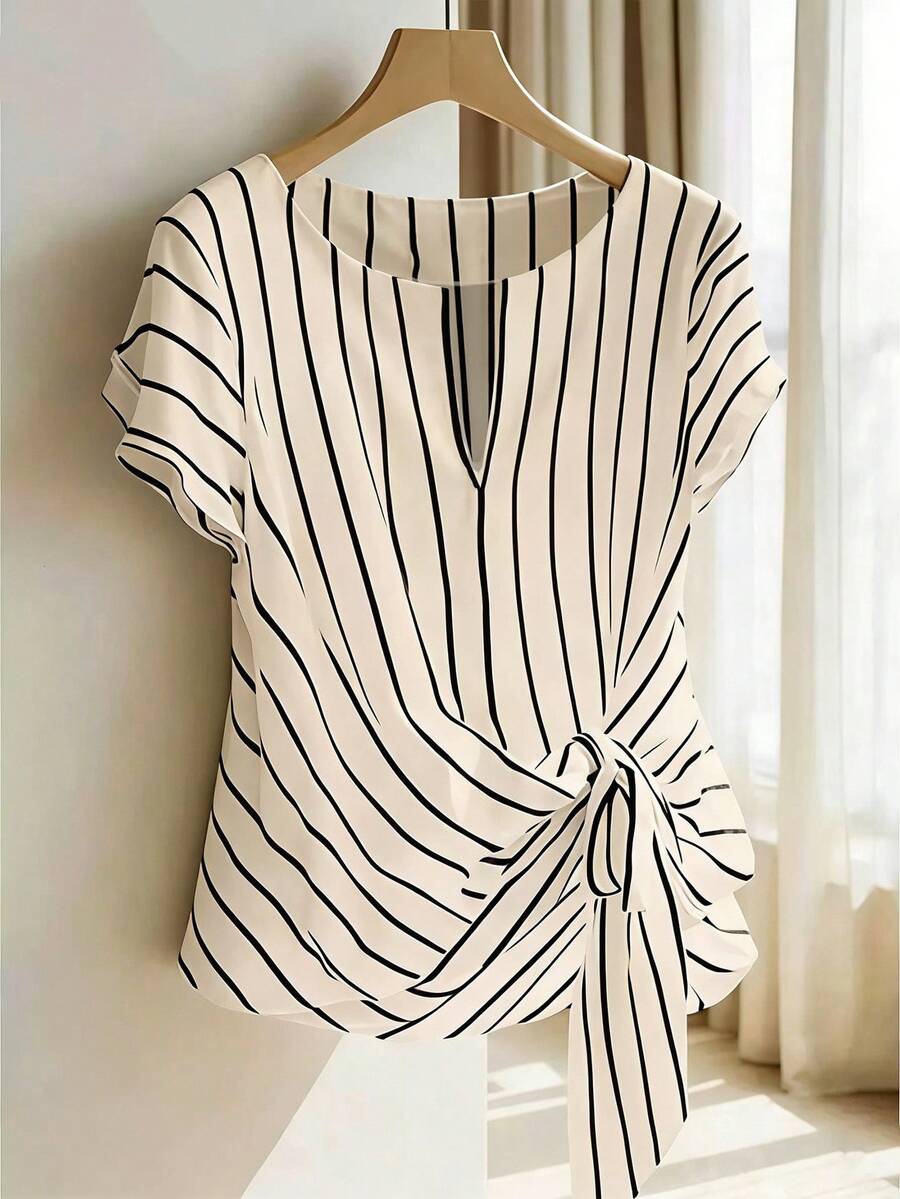 Franclia Blusa Casual de Manga Curta com Amarração e Listras para Mulheres, Blusa com Amarração Frontal Listrada