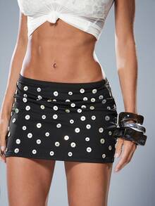 Denimoi Iridescent Button Detail Mini Skirt Sexy Skirts Vacation Outfits Concert Outfits GNO - Dark Grey - View 1