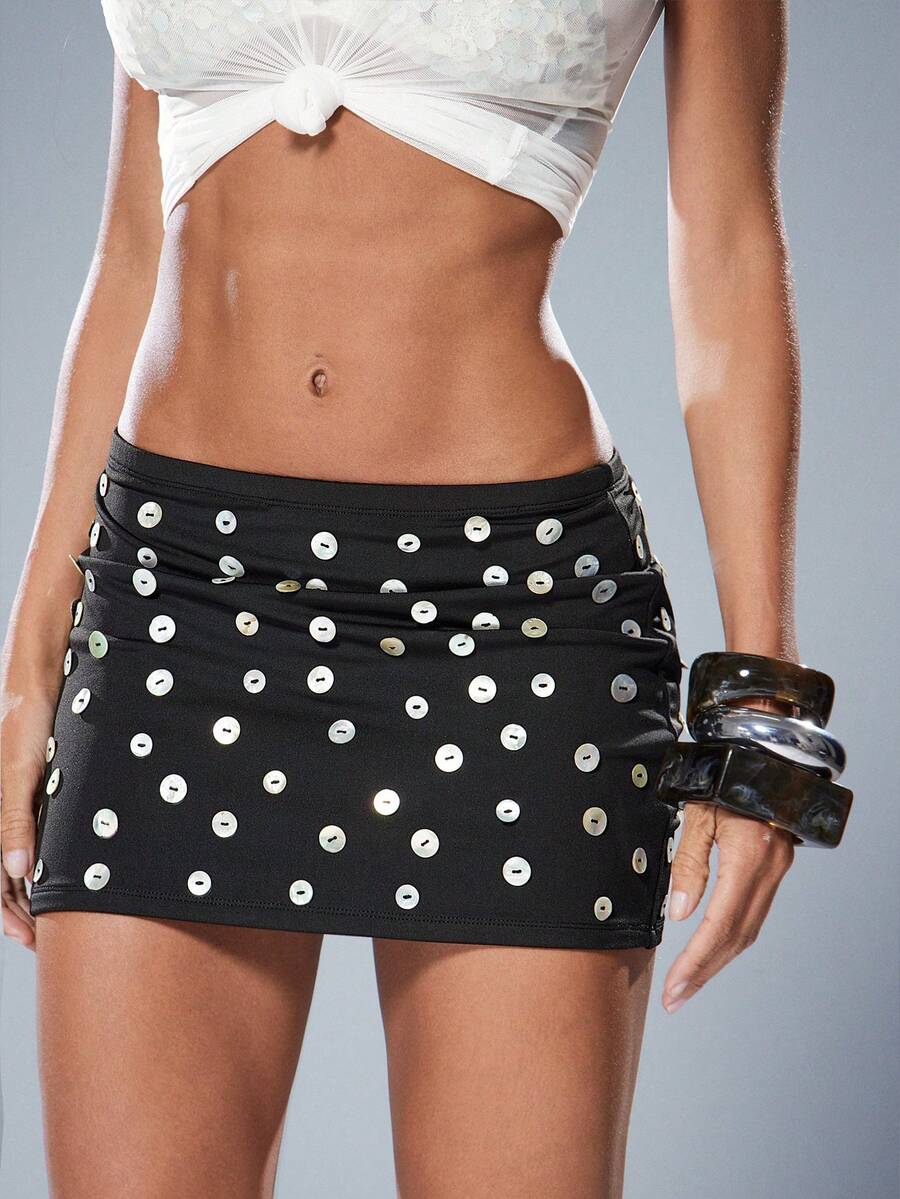 Denimoi Iridescent Button Detail Mini Skirt Sexy Skirts Vacation Outfits Concert Outfits GNO - Dark Grey - View 1