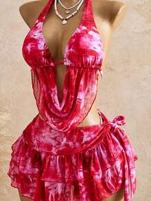 Bellisia 女士夏季沙滩扎染露背性感比基尼套装，含罩衫和裙子 - 彩色 - 查看 6