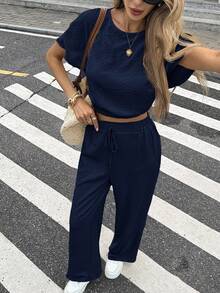 Serisse Batwing Sleeve Crop Top & Drawstring Waist Pants Textured Fabric Two Pieces - Navy Blue - View 7