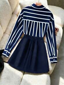 GlowEve CURVE Plus Size Women's Blue & White Striped Preppy Style 2 Pieces Set - Navy Blue - View 2