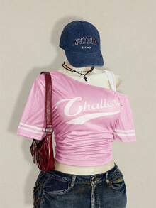 SHEIN ICON T-shirt de basketball 2 en 1 à épaule oblique pour femmes grandes tailles - Rose bonbon - Voir 7