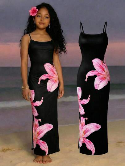 Sparklyn Summer Girls' Sleeveless Maxi Dress, Colorful Fruit Print With Playful Vibe, Fitted Silhouette With Side Slit Hem, Perfect For Outings And Photo Shoots!